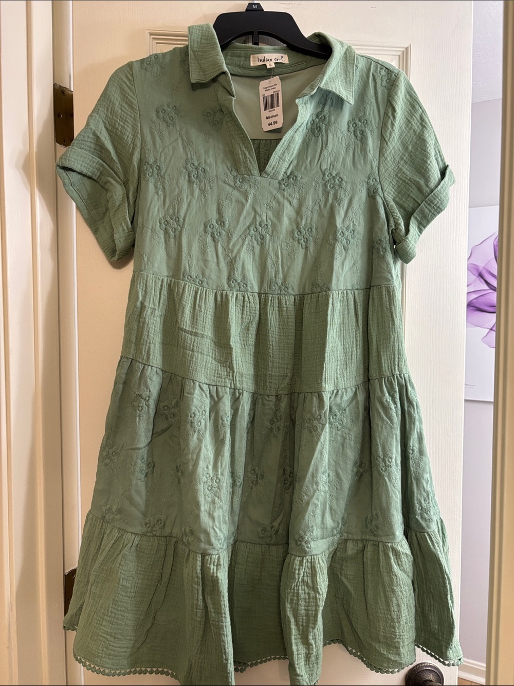 indigo soul Sage Green Tiered Embroidered Dress